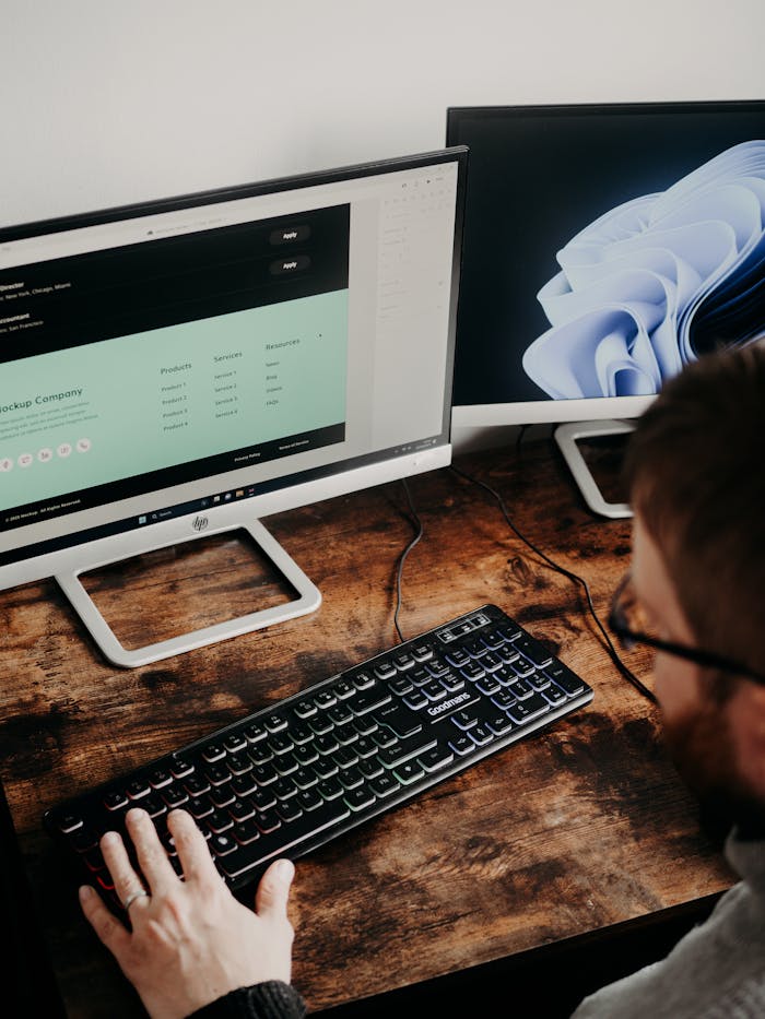 Adult man uses dual monitors for web design in a home office setting.